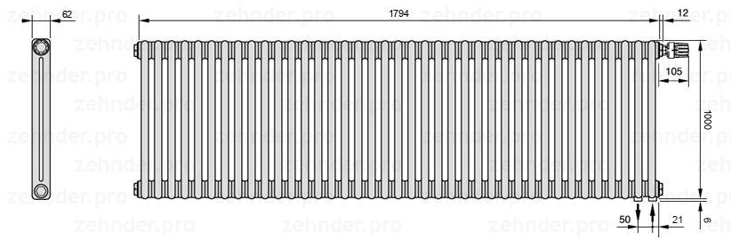 Схема (чертеж) Радиатор Zehnder Charleston 2100/39 №V002 Белый глянцевый RAL 9016